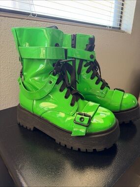 Dolls Kill Neon Green Patent Platform Combat Boots